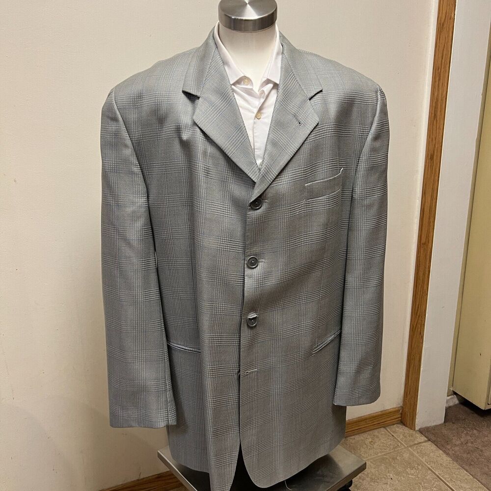 EVERETT HALL Gray Blue Plaid Windowpane 48L Wool Silk Big n Tall Italy